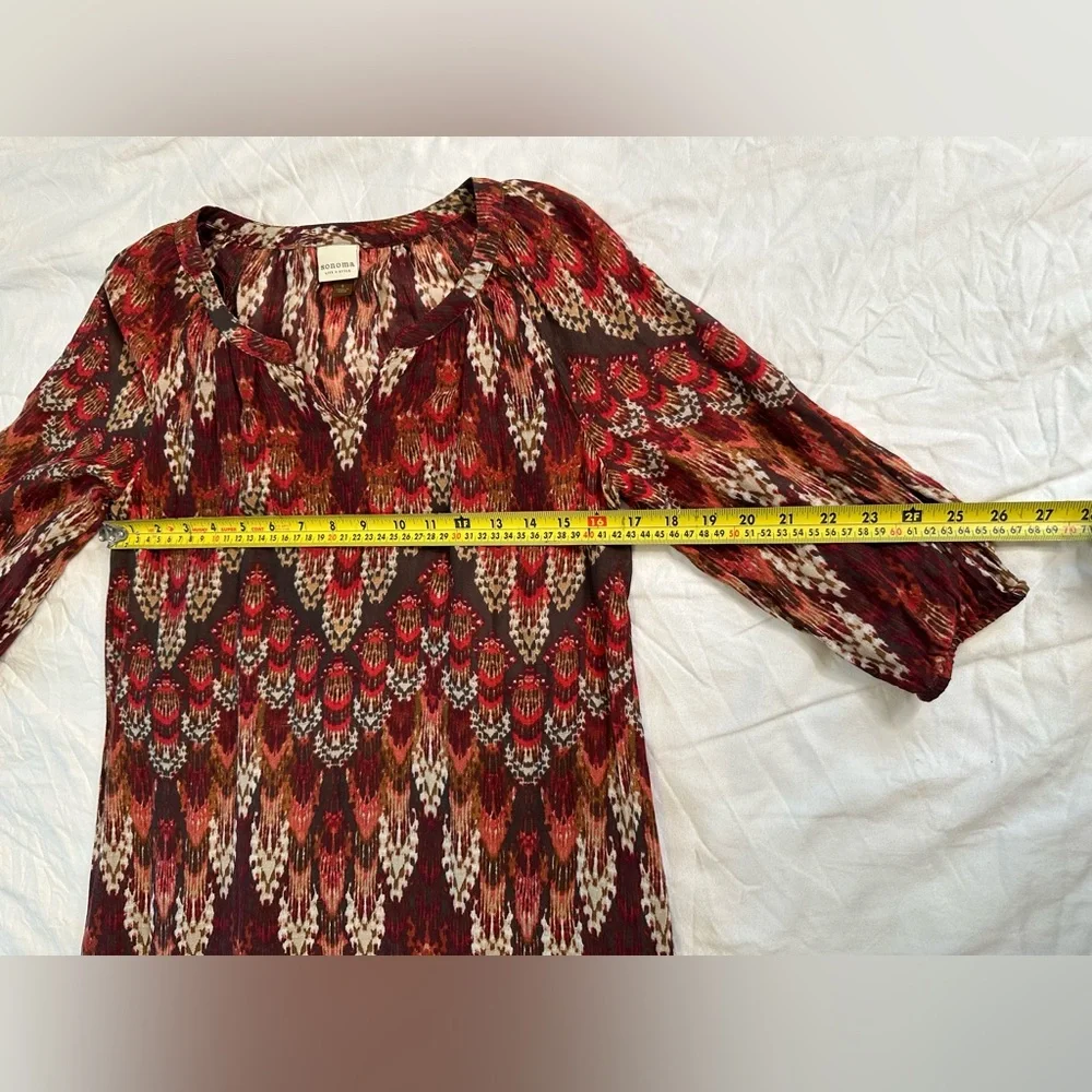 Sonoma Life + Style Boho Ikat Print Cotton Tunic Dress Red Brown 3/4 Sleeve Sz S - Picture 10 of 12